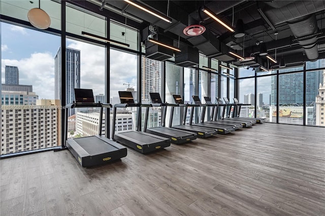 gym with a towering ceiling, hardwood / wood-style floors, and floor to ceiling windows