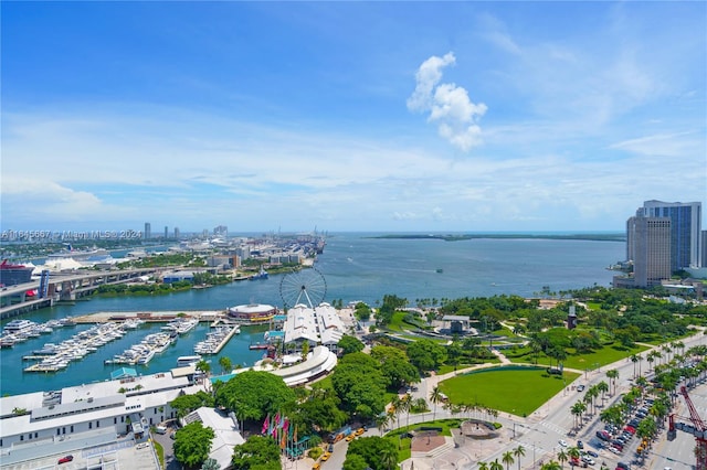 birds eye view of property with a water view