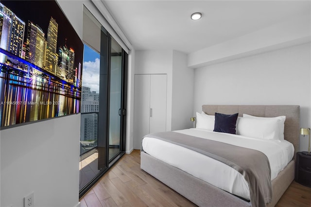 bedroom featuring multiple windows and light hardwood / wood-style floors