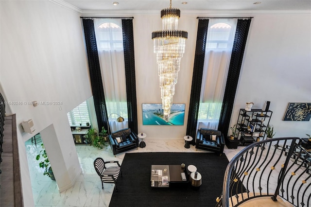 dining space featuring a chandelier, plenty of natural light, tile patterned flooring, and ornamental molding