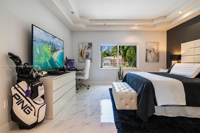 bedroom with a raised ceiling, a textured ceiling, and light tile patterned flooring