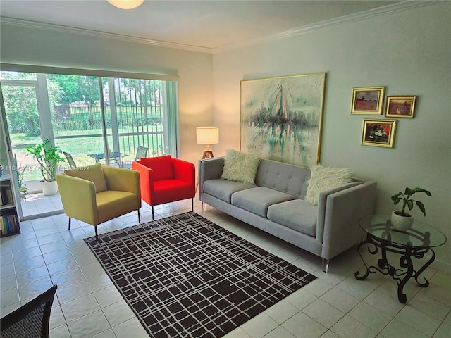 tiled living room featuring crown molding