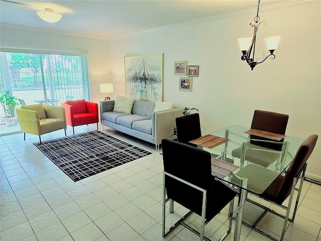 living room featuring light tile patterned flooring, ornamental molding, and a chandelier