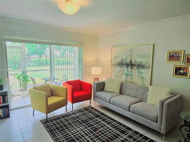 living room featuring tile patterned floors and crown molding