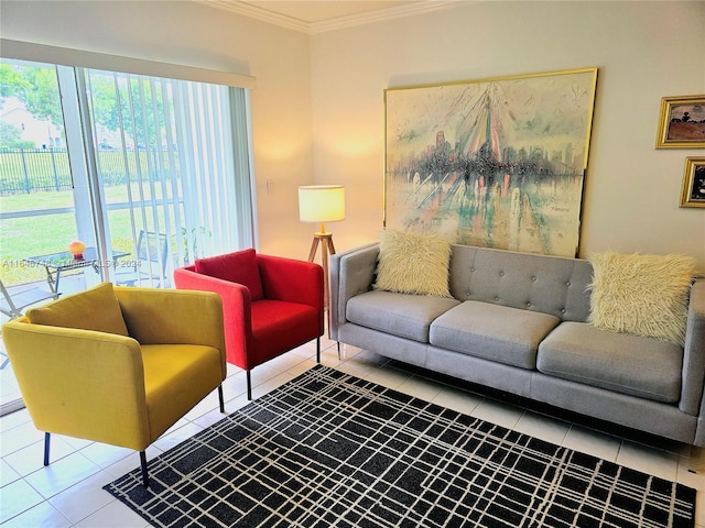 living room with ornamental molding and tile patterned floors