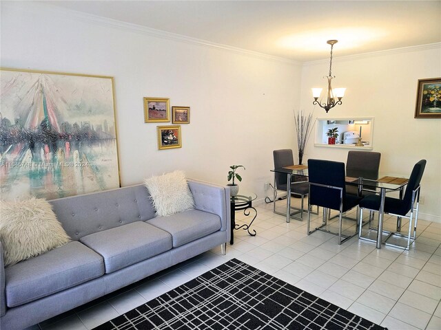 tiled living room with a chandelier and ornamental molding