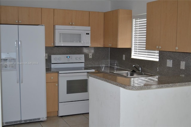 kitchen with sink, white appliances, tasteful backsplash, light tile patterned floors, and kitchen peninsula