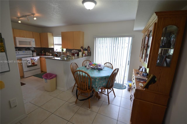 dining room featuring light tile patterned flooring, rail lighting, and a healthy amount of sunlight