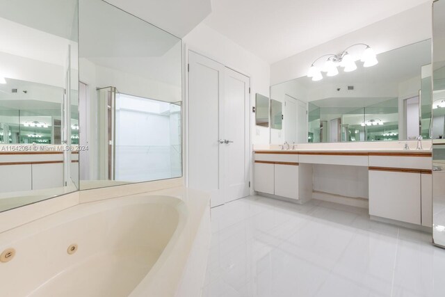 bathroom with vanity, separate shower and tub, and tile patterned flooring