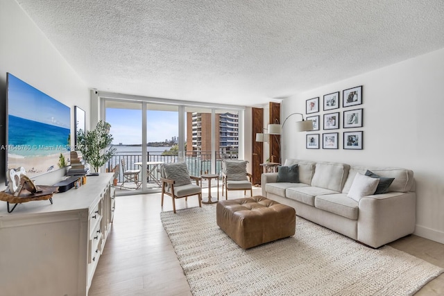 living room featuring a textured ceiling, light hardwood / wood-style flooring, and expansive windows