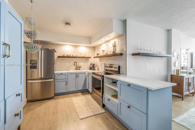 kitchen featuring light hardwood / wood-style flooring, tasteful backsplash, appliances with stainless steel finishes, sink, and kitchen peninsula