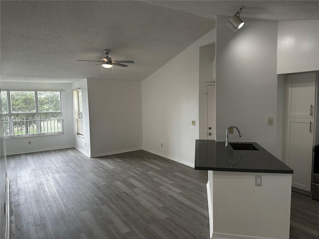 unfurnished living room featuring vaulted ceiling, sink, dark wood-type flooring, ceiling fan, and a textured ceiling