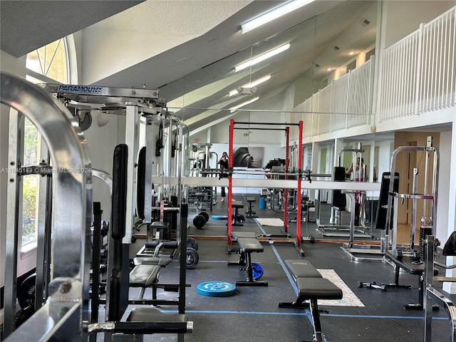 exercise room with high vaulted ceiling