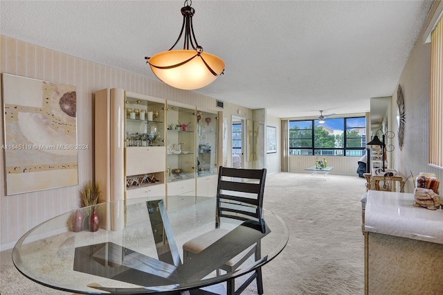 carpeted dining space with a textured ceiling