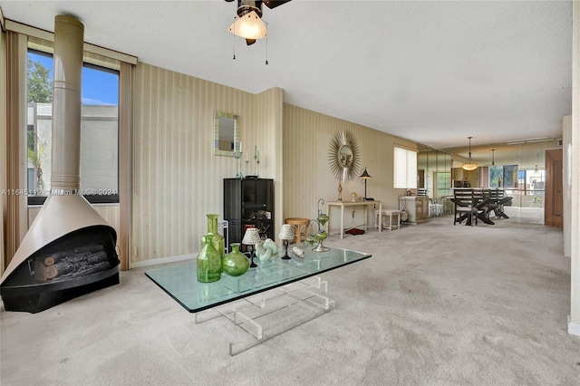 carpeted living room with a textured ceiling