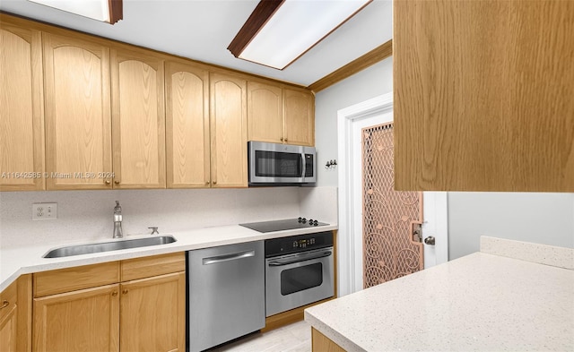 kitchen with sink, stainless steel appliances, and light brown cabinets