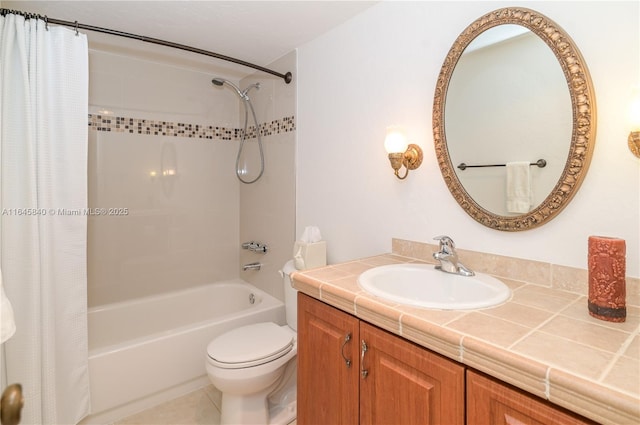 full bathroom featuring tile patterned floors, vanity, toilet, and shower / tub combo with curtain