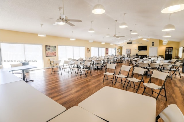 dining space featuring ceiling fan, vaulted ceiling, and hardwood / wood-style flooring