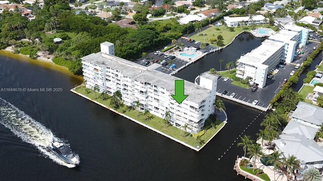 aerial view featuring a water view