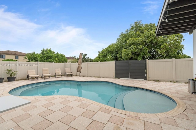 view of swimming pool featuring a fenced backyard, a gate, a fenced in pool, and a patio