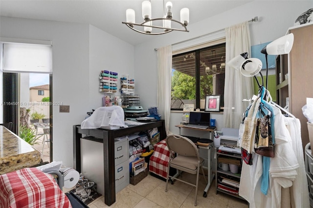 tiled office featuring an inviting chandelier