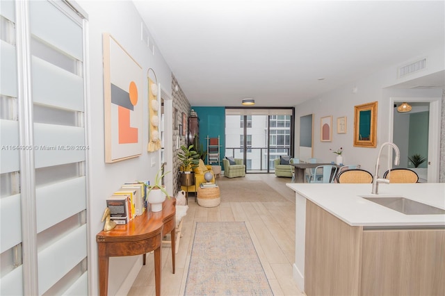 hall with sink and floor to ceiling windows