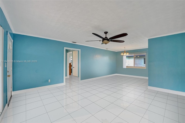 unfurnished room with a textured ceiling, light tile patterned floors, ceiling fan with notable chandelier, and ornamental molding