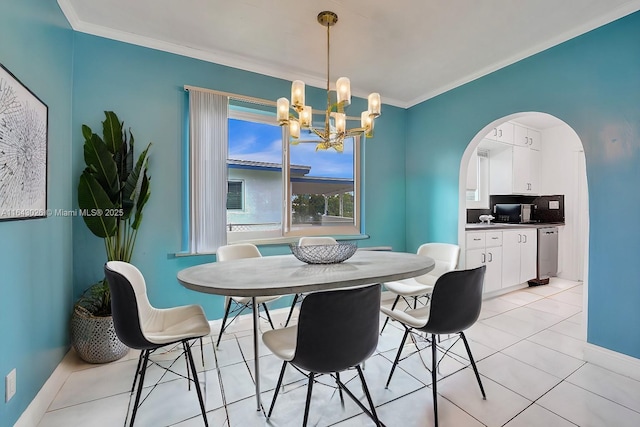 tiled dining room featuring crown molding and a notable chandelier