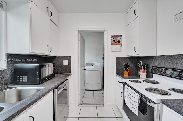 kitchen with backsplash, dishwasher, white cabinets, washer / clothes dryer, and white range with electric cooktop