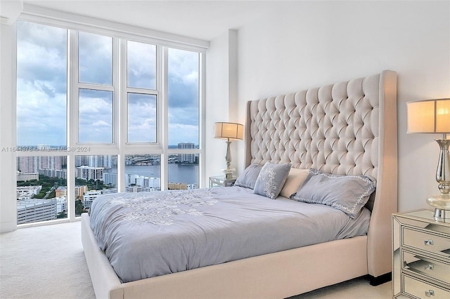 bedroom with light colored carpet and a water view