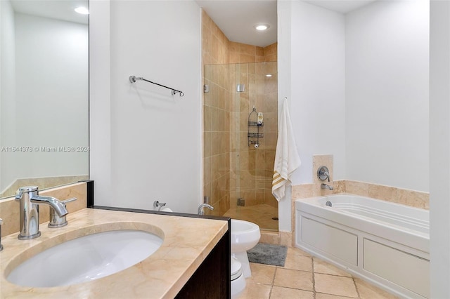 full bathroom with vanity, plus walk in shower, toilet, and tile patterned flooring