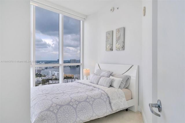 bedroom with a water view and carpet flooring