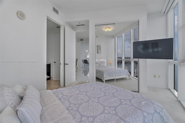 bedroom with a closet and light colored carpet