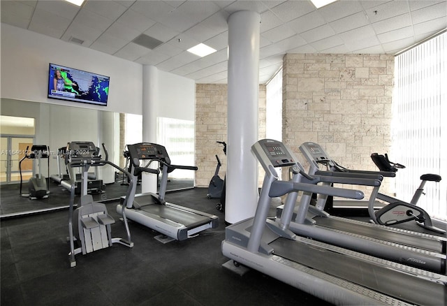 exercise room with a paneled ceiling and a wall of windows