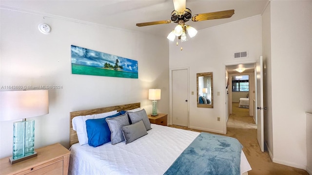 87200 Overseas Hwy Unit M4, Islamorada, FL 33036 - carpeted bedroom with baseboards, visible vents, ornamental molding, and ceiling fan