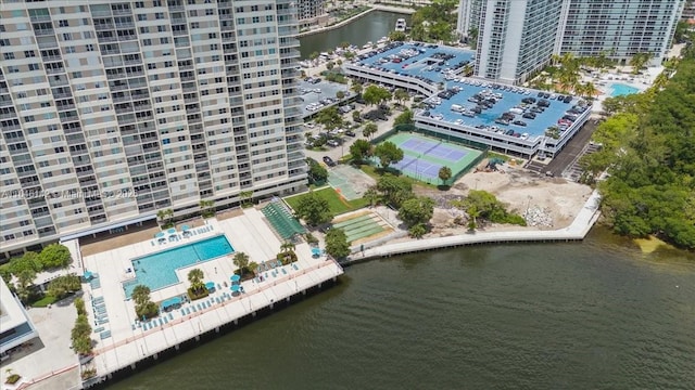 bird's eye view with a water view