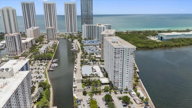 bird's eye view with a water view