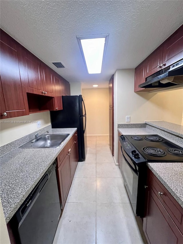 kitchen featuring stainless steel dishwasher, sink, black electric range, and a textured ceiling