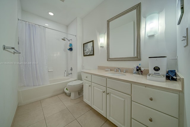 full bathroom featuring vanity, tile patterned floors, toilet, and shower / bathtub combination with curtain