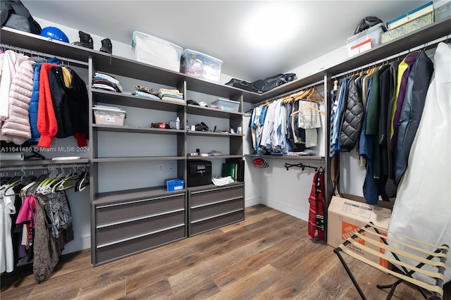 walk in closet with wood finished floors