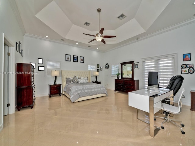 175 SW 132nd Ave, Miami, FL 33184 - bedroom featuring ornamental molding, a tray ceiling, a desk, baseboards, and recessed lighting
