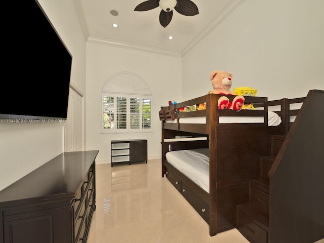 175 SW 132nd Ave, Miami, FL 33184 - bedroom with crown molding, light tile patterned floors, recessed lighting, baseboards, and a ceiling fan