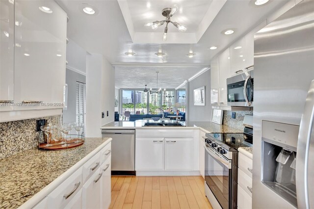 kitchen featuring light wood-type flooring, a raised ceiling, white cabinetry, sink, and stainless steel appliances