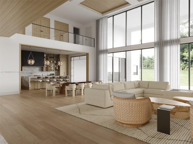 living room featuring a towering ceiling and light hardwood / wood-style flooring