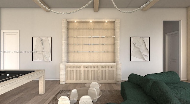 living room with beam ceiling and hardwood / wood-style floors