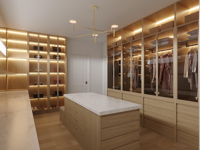 walk in closet with light hardwood / wood-style floors