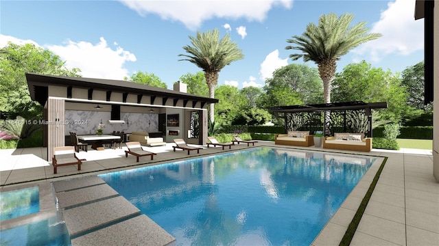 view of pool featuring an outdoor living space and a patio area