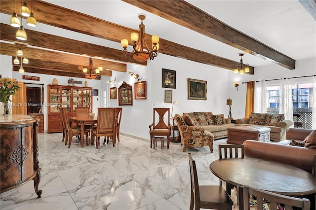 living room featuring beamed ceiling and an inviting chandelier