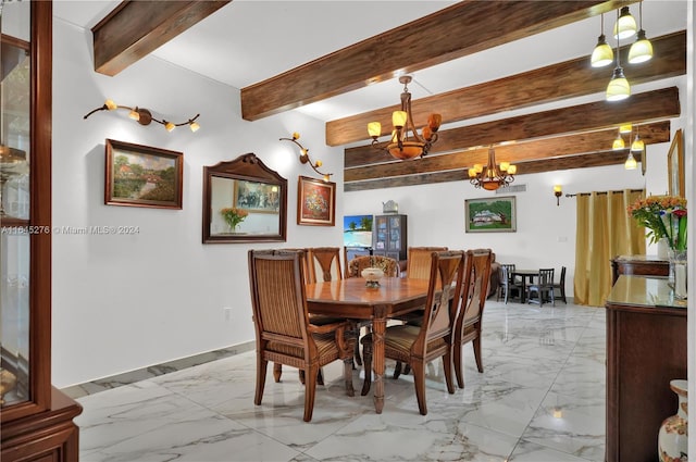 dining space with a chandelier and beam ceiling