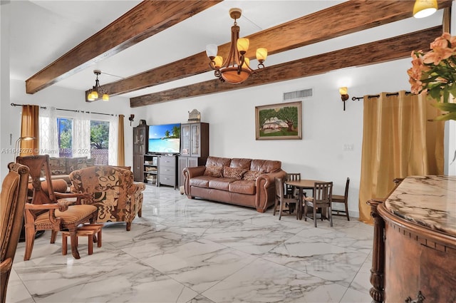 living room featuring an inviting chandelier and beam ceiling